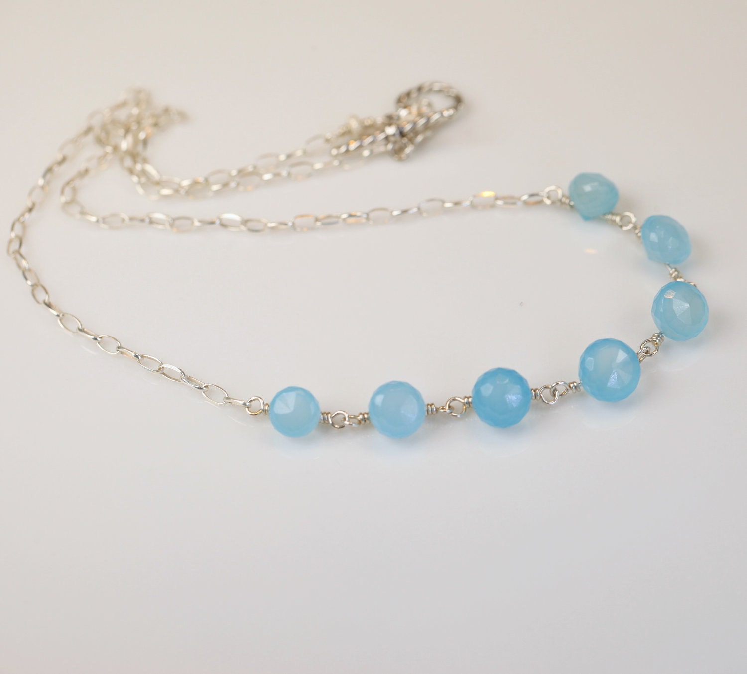 Wire Wrapped Sky Blue Chalcedony Necklace in Sterling Silver