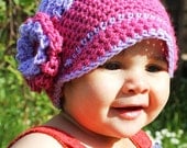 SALE 0 to 3m Summer Girl Newsboy Hat Newborn Baby Flower Beanie Photo Prop - Summer Baby Pink Purple Merino Baby Sun Hat Baby Shower Gift