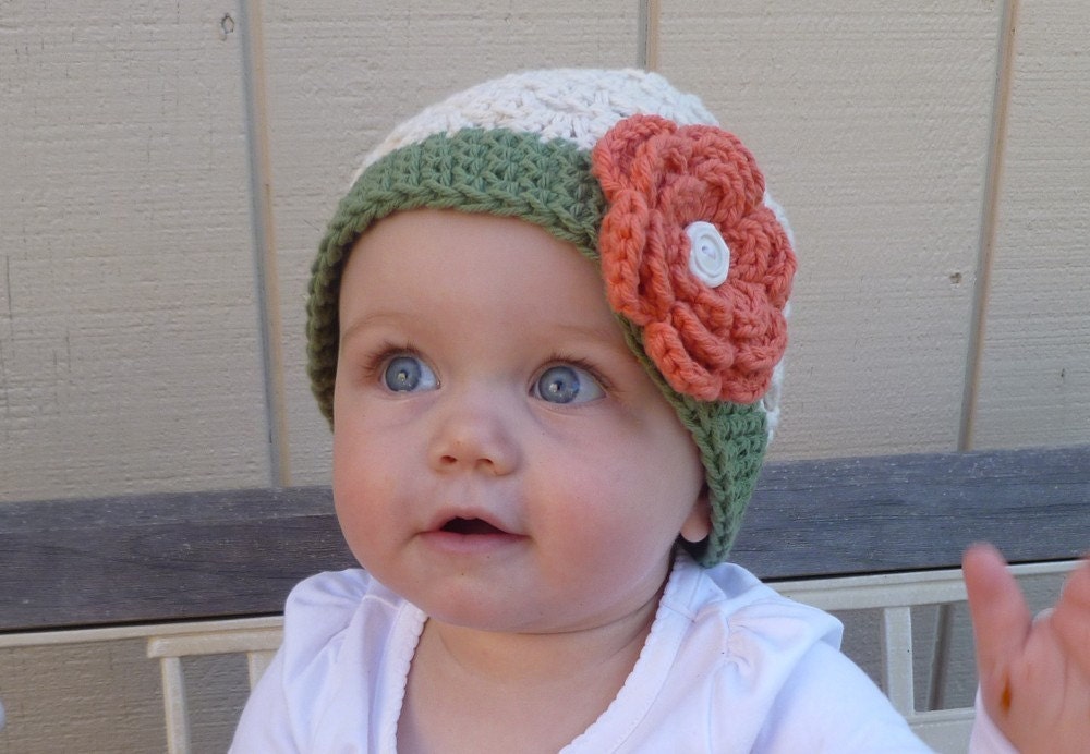 Orange and Green Baby Beanie Hat with Flower and Button - Infant/Toddler/Child - Perfect for Fall
