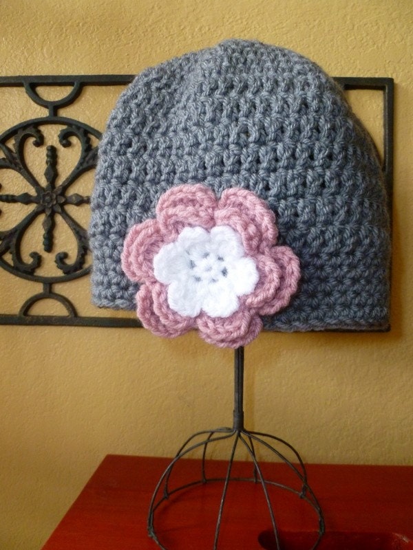 Grey Crochet Hat Beanie with Pink and White Flower - Baby Toddler Children Adult Sizes available