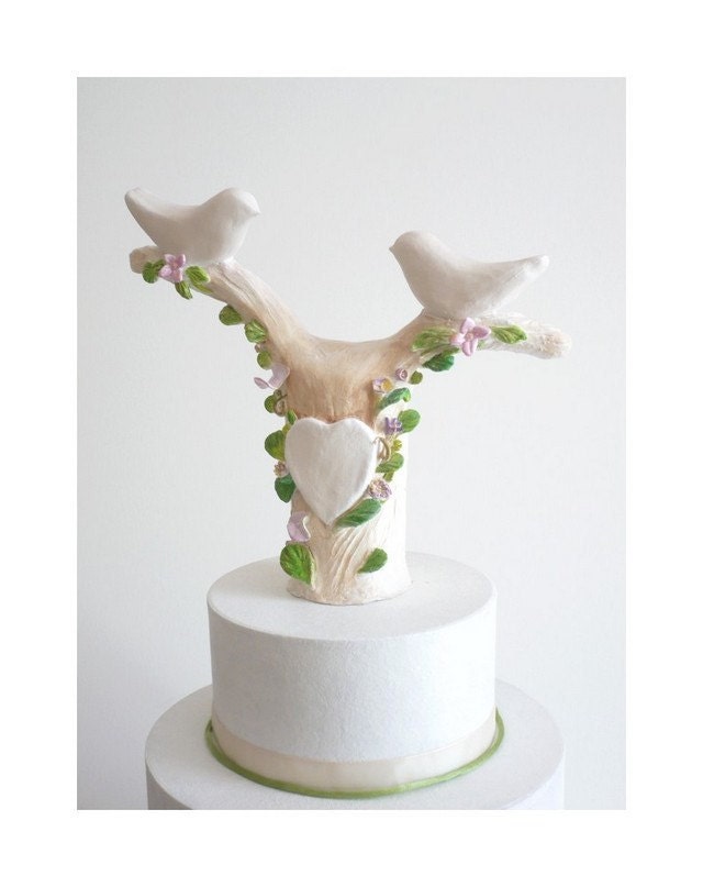 Ready to Ship - Wedding Cake Topper Love Birds on a Tree - Handmade by oenopia
