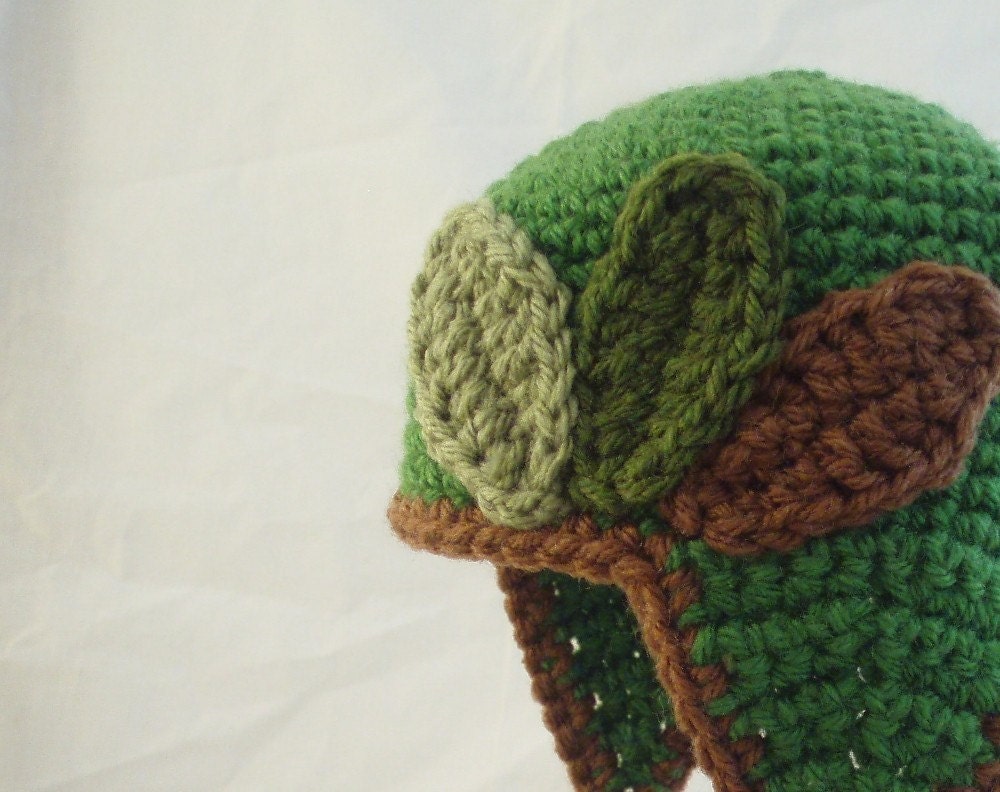 Bright Green Baby Hat with Earflaps, Varying Green and Brown Leaves and Matching Booties