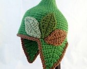 Pointed Green Baby Hat with Earflaps and Varying Green and Brown Leaves