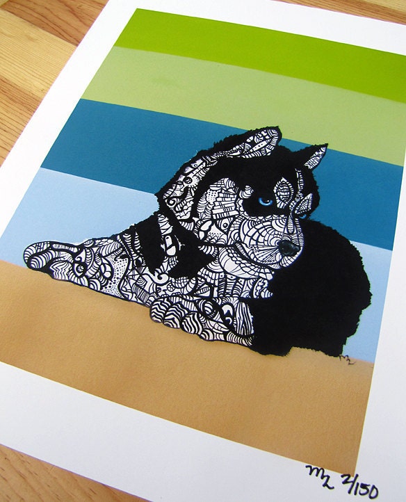 Husky Zentangle Art Print,- Siberian Husky) - 8 x 10" - Blue - Intricate - Archival Wall Art - Kids - Dog - Unique