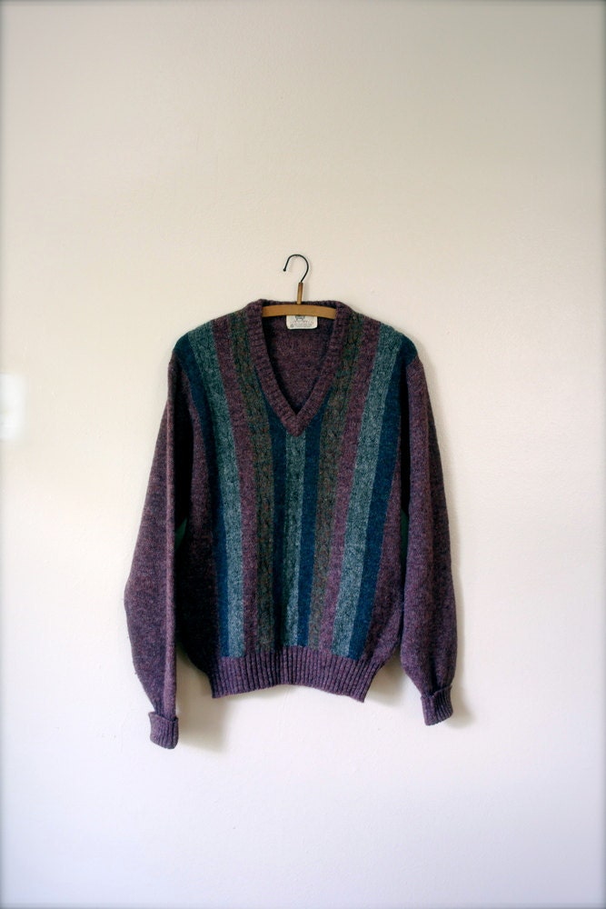 Vintage Sweater // 80s Shetland Wool Lord Jeff V Neck // Large // Mens Vintage Fashion at Kiku Vintage Boutique
