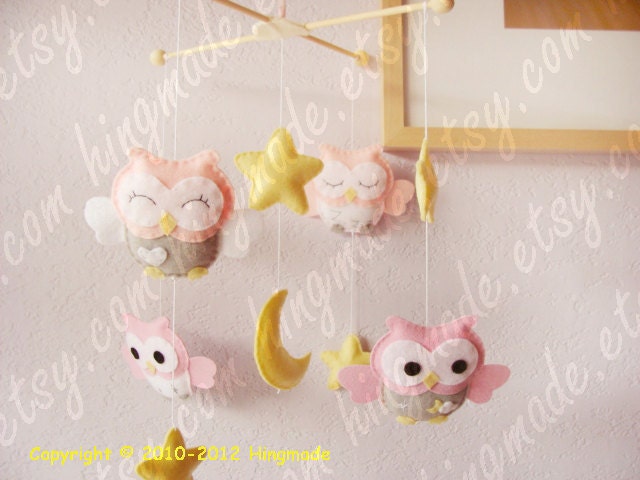 Baby Crib Mobile - Owl Mobile - Hanging Felt Mobile - Decorative Nursery Mobile - Pink and Gray Chevron - Soft Pink Gray Owls in night sky