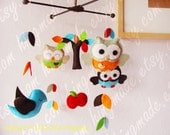 Baby Mobile - Felt Mobile - Decorative Nursery Mobile - Bright Owls and Bird in the tree top (Custom order available)