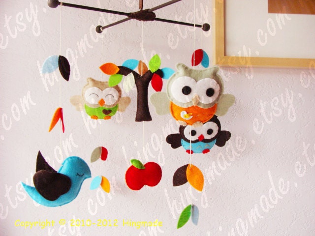 Baby Mobile - Felt Mobile - Decorative Nursery Mobile - Bright Owls and Bird in the tree top (Custom order available)