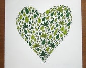 Heart shaped green leafy nature illustration screen print 'Lovely Spring Leaves' Ltd edition. Great Wedding & Valentine's day gift UK selle