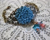 Vintage Style Copper Cuff Bracelet with Deep Turquoise Flower