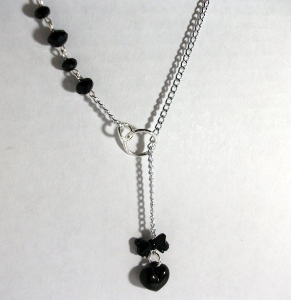 Black Heart and Bow Lariat Necklace