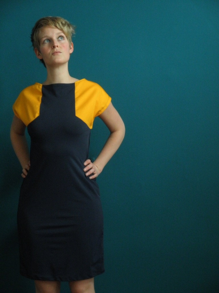 colorblock dress cap sleeve marine blue/ deep yellow