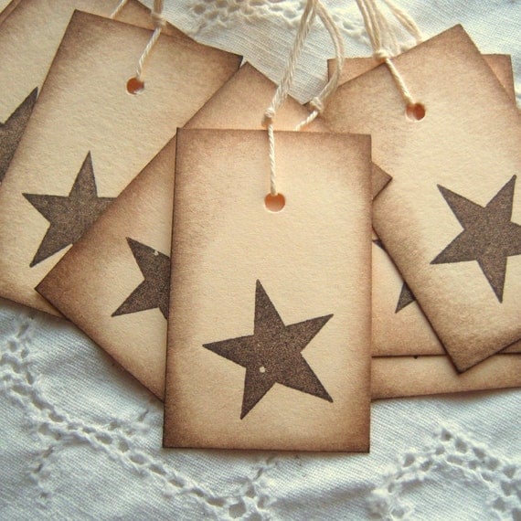 Star Tags, Vintage Inspired - Brown and Manila Cream Cardstock - Hand Stamped and Aged