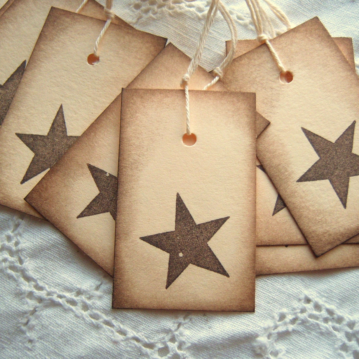 Star Tags, Vintage Inspired - Brown and Manila Cream Cardstock - Hand Stamped and Aged