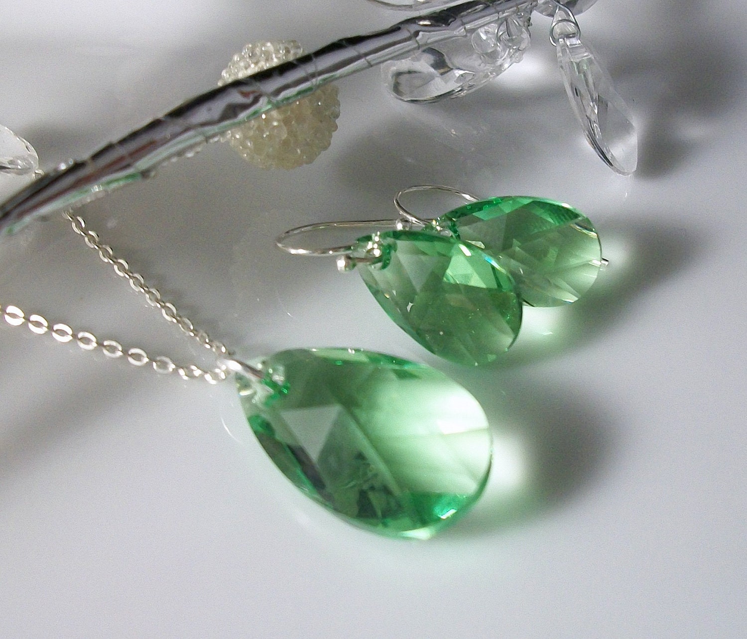Peridot Necklace and Earring Set Swarovski Crystal Peridot Pear Shaped Wedding Bridesmaids Set