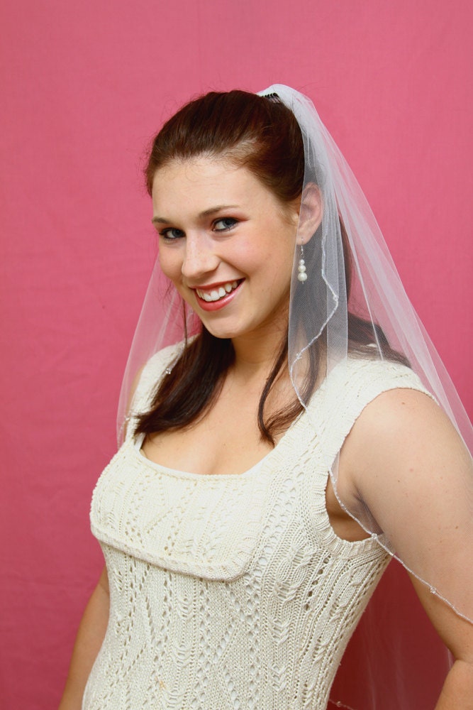 Beaded edge wedding veil, elbow length, white, ready to ship