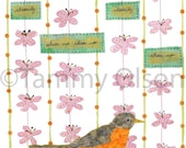 Collage of bird, flowers, robin, mixed media, bird art, spring 8 x 10  Limited edition print 1/250,  "Cheer Up"