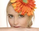 SALE - Giant Mod Pink Daisy Hat with Purple Netting and Green Rhinestone Center - Modern Take on the Vintage Pillbox