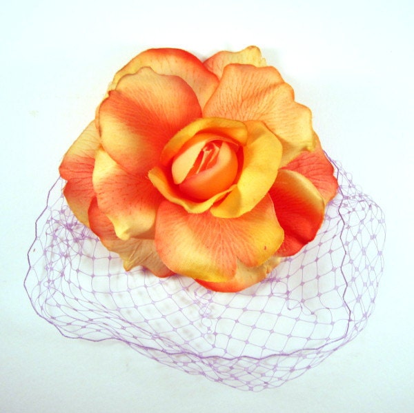 SALE - Orange Rose Cocktail Hat with Lilac Veiling - Fascinator - Kentucky Derby - Weddings - Parties