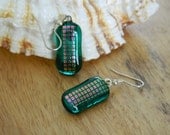 Dangle Earrings in Emerald fused glass with dichroic squares