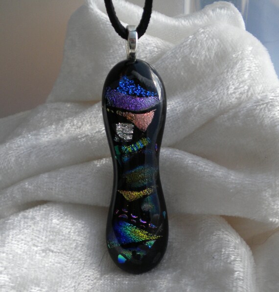Fused Glass and Dichroic Modern Art Color Collage Pendant Necklace