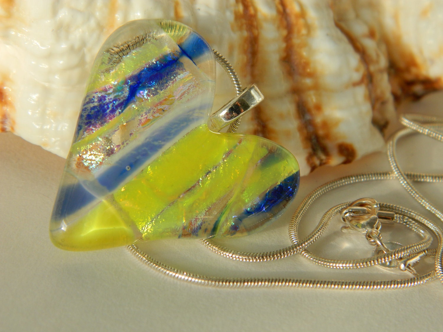 Fused Glass Heart Dichroic Blue Silver and Yellow pendant necklace