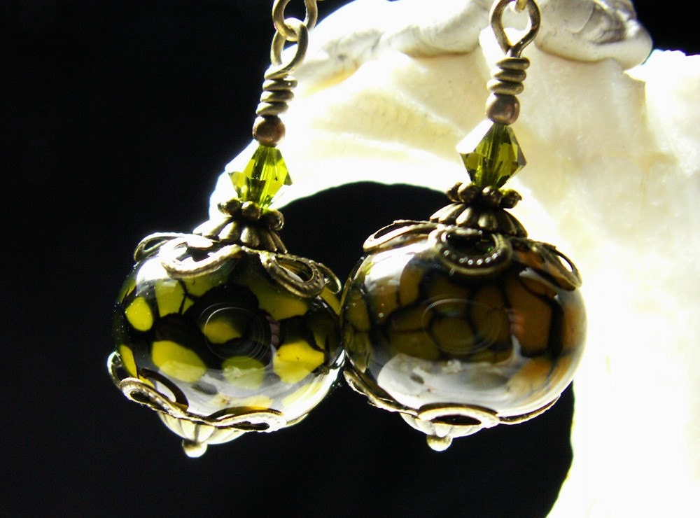 Moss Olive Green Dragon Vein Crystal Drop Earrings Steampunk Jewelry Antique Vintage Victorian Style