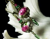 Rose Pink Green Crystal Drop Earrings Steampunk Jewelry Antique Vintage Victorian Bridal Style
