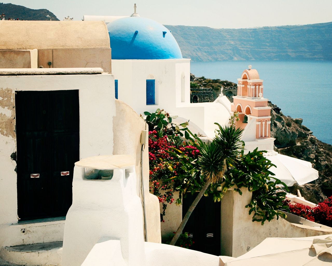 Greece Photography - Santorini - Greek Islands - Blue Dome Churches - Travel Photograph - Mediterranean Home Decor - Wall Art - Flowers Sea