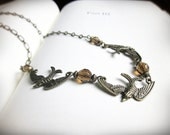Bird Necklace, Antiqued Brass and Smoky  Topaz Brown Czech Glass Beads, 3 Birds