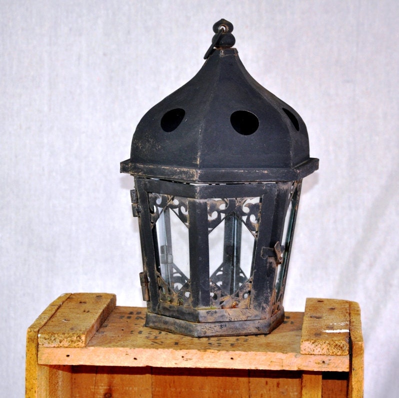Vintage Hanging Lantern.  Rustic Pagoda Candle Pendant Lighting. Black Candle Holder.