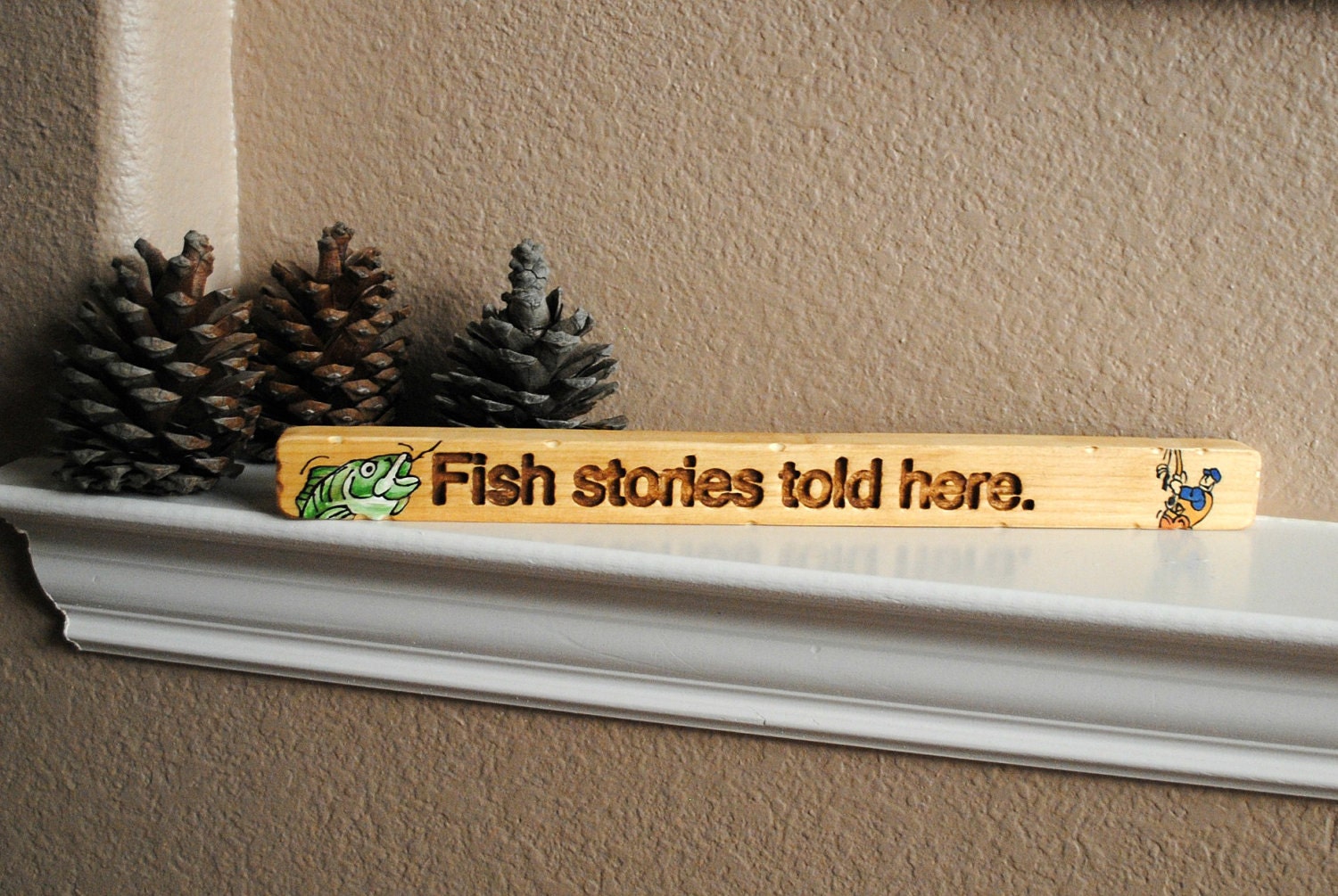 Fish stories told here - Carved Wood Sign - Reclaimed Wood, Hand Painted