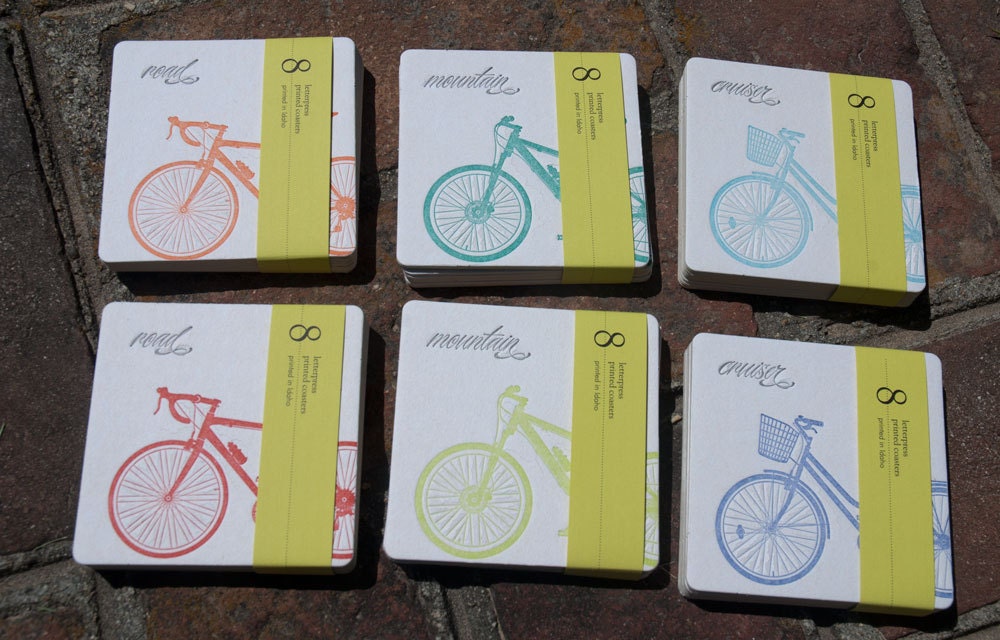 Mixed BIKE Coasters, (Letterpress printed, 3.5 inches) set of 8, perfect gift