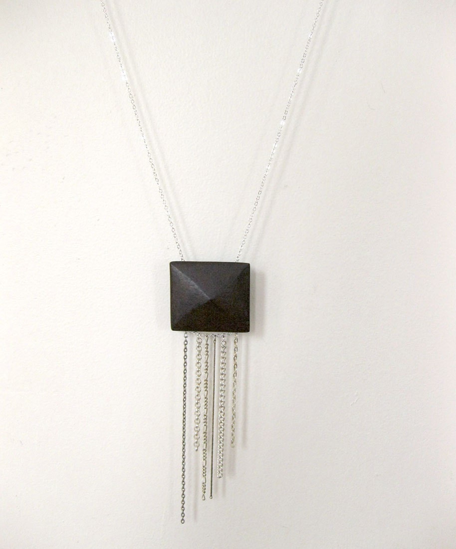 big wooden pyramid with dangling chains - statement necklace
