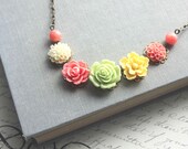 Spring Flower Necklace, Fresh Colors, Soft Lime Green, Coral Flowers, Bright Yellow, OOAK Jewelry, Floral Accessories