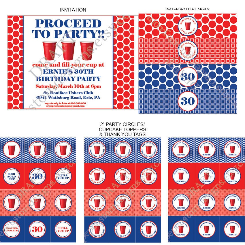 DIY -  Printable: Red Solo Cup Birthday Party Set -  11 items (invitation, party circles, water bottle labels, banner and more)