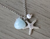 Starfish Necklace : Silver Plated Starfish Charm Necklace with Accenting White Freshwater Pearl and Pale Teal Blue Amazonite Briolette Bead