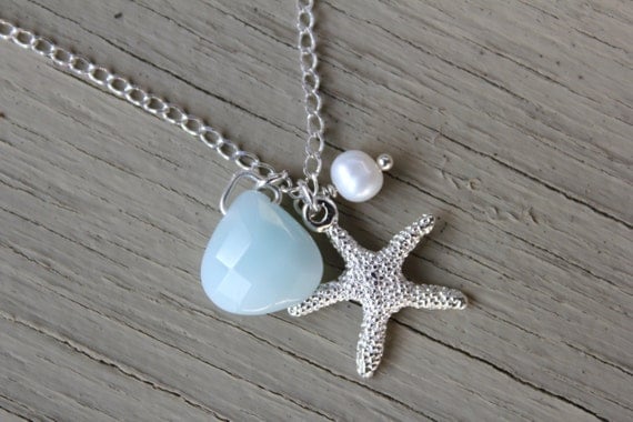 Starfish Necklace : Silver Plated Starfish Charm Necklace with Accenting White Freshwater Pearl and Pale Teal Blue Amazonite Briolette Bead