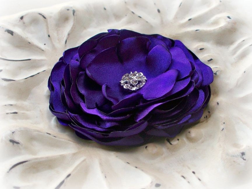 Jewel-Toned Violet Satin Rhinestone Flower - Hair Clip or Brooch Pin - Bridal Bridesmaids - Wedding Accessories - Many Colors