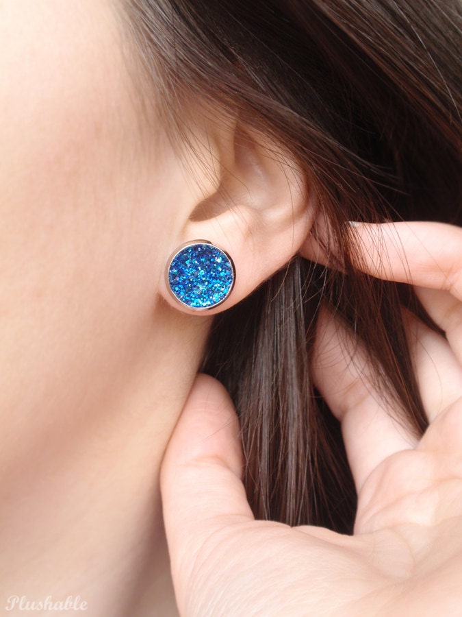 Blue Glitter Earrings Post Earrings Studs