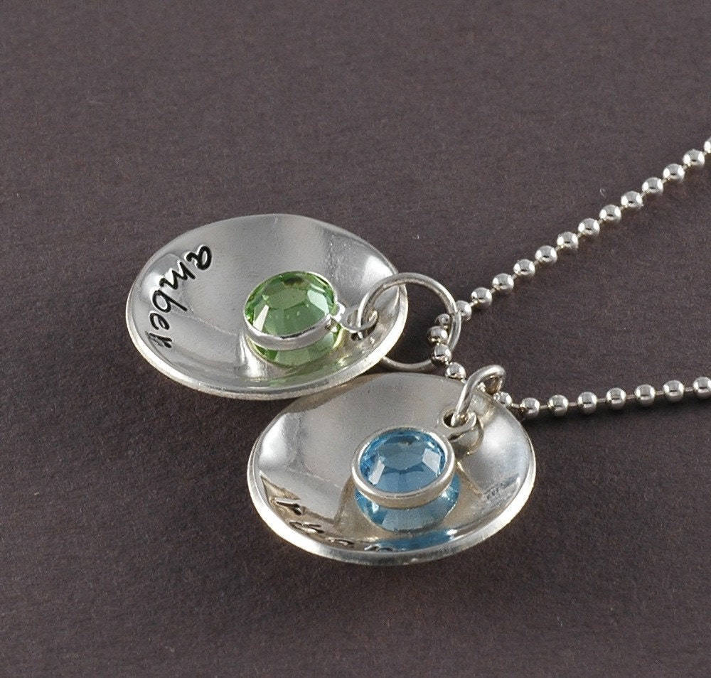 Personalized  Necklace with birthstones - hand stamped - 2 concave name discs