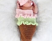 ICE CREAM CONE Cocoon and Beanie Hat Set, Baby Girl Cocoon, Newborn Cocoon,  Crochet Newborn Baby Photo Prop
