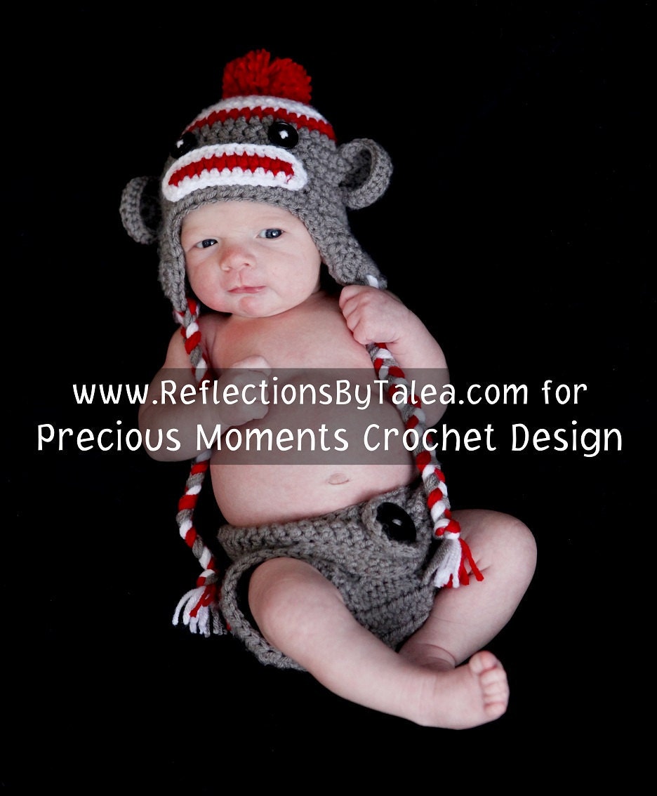 SET Sock Monkey  Hat  and Diaper Cover Baby Crochet Unique Photo Prop