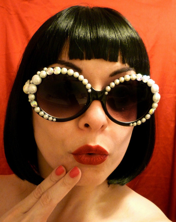 BLACK Round Jackie-O SUNGLASSES w/Pearls & Crystals