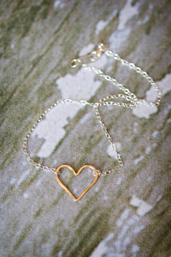 Hammered Heart Ankle Bracelet - Gold Filled Heart on Sterling Silver Chain - Mixed Metal Anklet