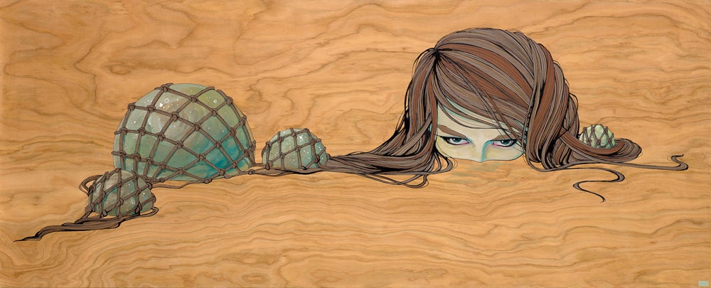 art print, mermaid with netted aqua glass floats on natural birch wood.