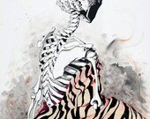 art print, skeleton: sea urchin shell, zebra print, stripes, black and white