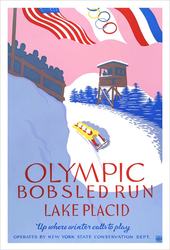 Olympics Art - 1932 Lake Placid Winter Olympics Bobsled Run - WPA Poster Print -13x19 -