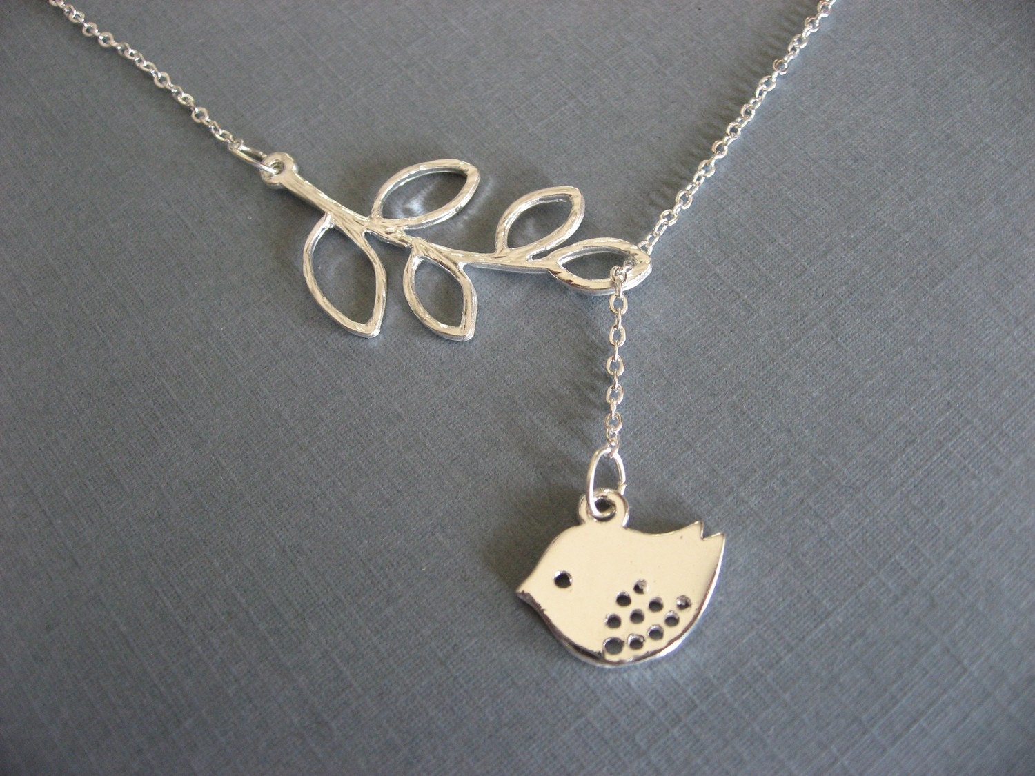 Silver Bird Lariat Necklace with Silver Leaf Branch Necklace