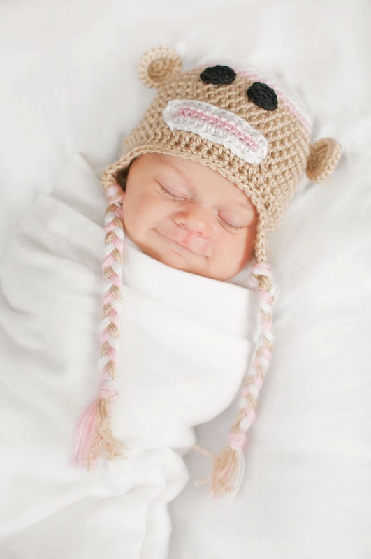 Crochet Baby Sock Monkey Earflap Hat Newborn MADE TO ORDER
